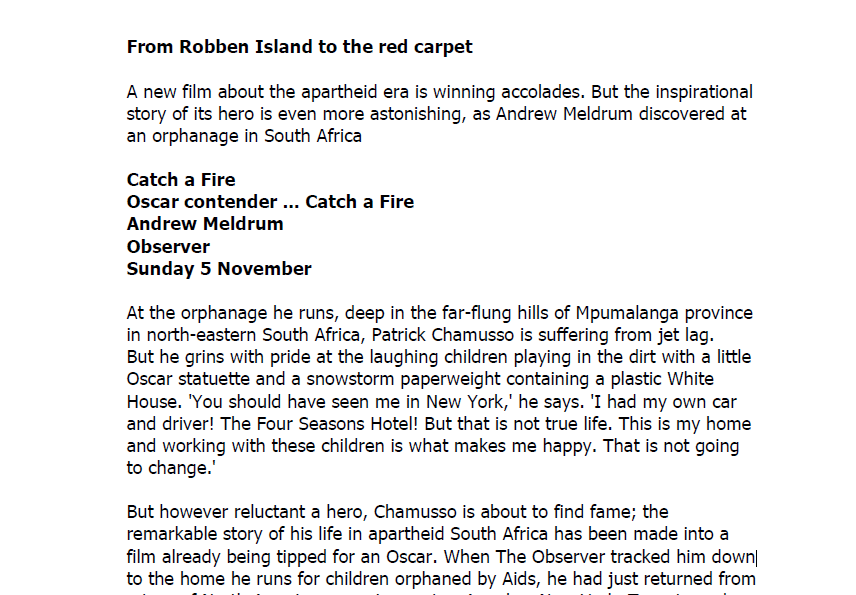 From Robben Island to the red carpet, by Andrew Meldrum, Observer, 5 November 2006